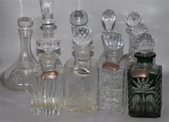 Ten assorted glass decanters